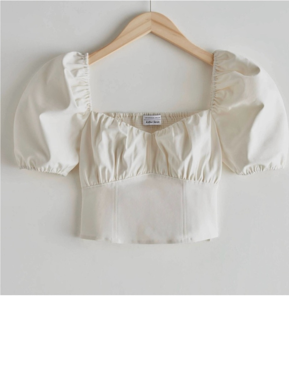 & Other Stories White Puff Sleeve Cropped Square Neck Top with Gathered Bodice